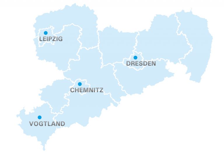 Standorte unserer Medienagentur/Werbeagentur in Dresden, Leipzig, Chemnitz & Plauen (Vogtland) in der Sachsen-Karte